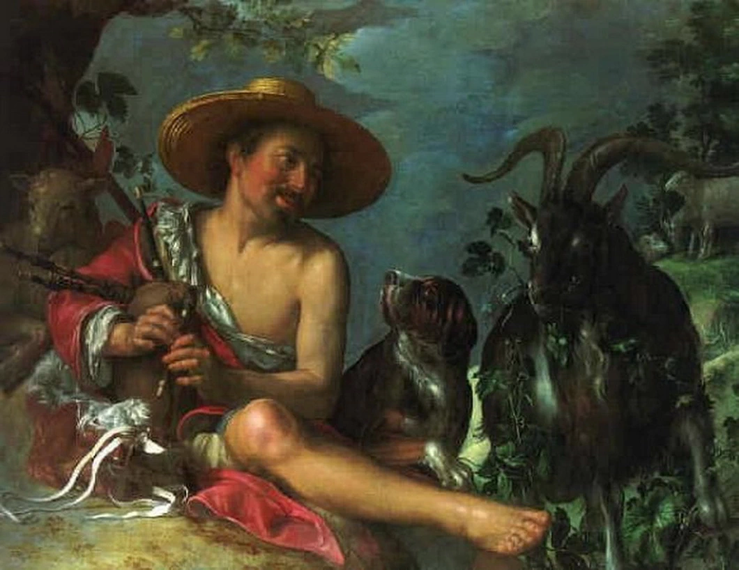 Pastore con cornamusa, pecora, cane e capra seduti in un paesaggio - Baarn, Kunsthandel Pieter Hoogendijk